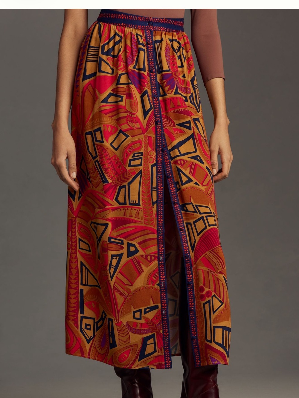 Farm Rio Anthropologie Cool Tropical red orange Print Maxi Skirt Size S - Picture 3 of 10